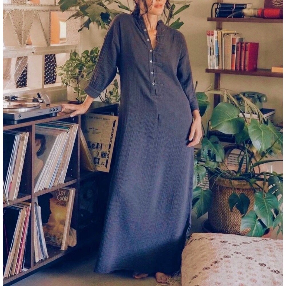 Oddbird Co. Kaftan Turkish Linen Lounge Dress in Blue Size S Small EUC!!